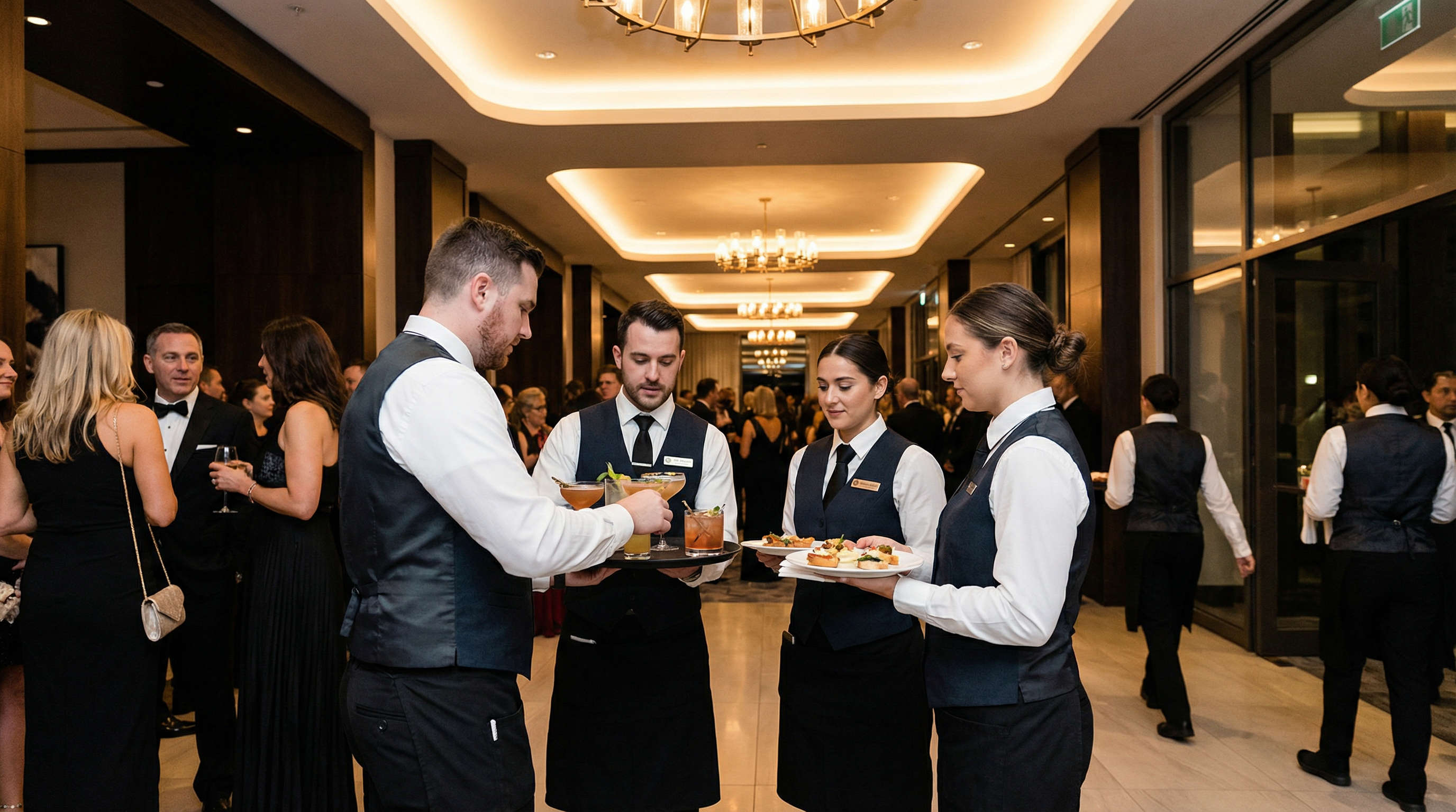 Professional bartenders and servers in uniform serving at upscale event